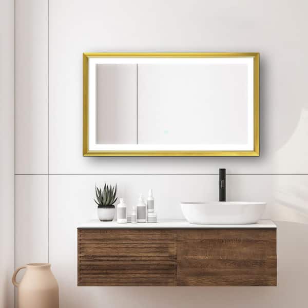 HBEZON Metis 42 in. W x 24 in. H Large Rectangular Aluminium Framed Dimmable Anti-Fog Wall Bathroom Vanity Mirror in Gold