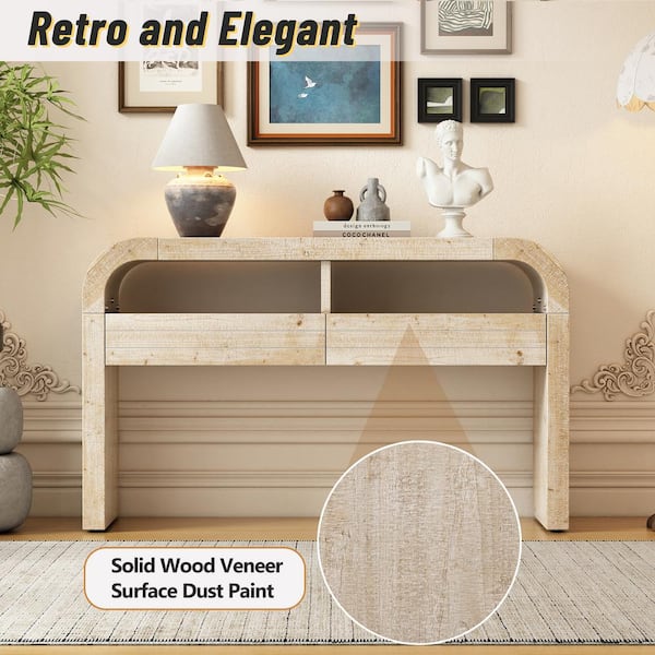 52 in. Natural Wood Console Table with Shelves & Drawers