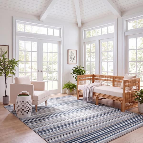 Cabana Gray/Blue 9 ft. x 12 ft. Striped Indoor/Outdoor Patio  Area Rug