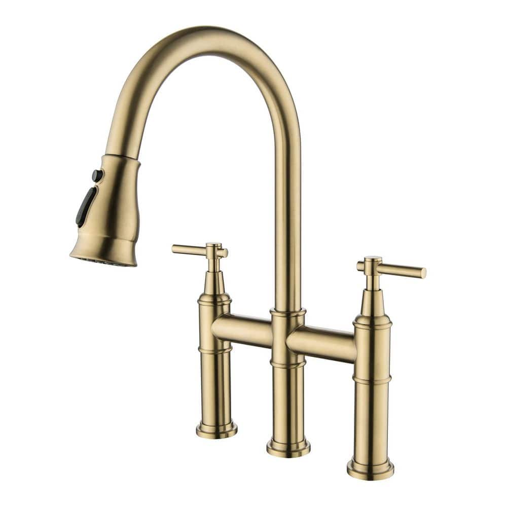 WELLFOR Double Handle Gooseneck Bridge Kitchen Faucet with Pull down Sprayhead in Brushed Gold
