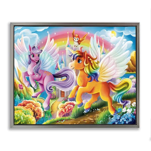 Stupell Industries Fluttering Unicorns and Rainbow by Image World Gray Floater Frame Fantasy Graphic Art Print 25 in. x 31 in.