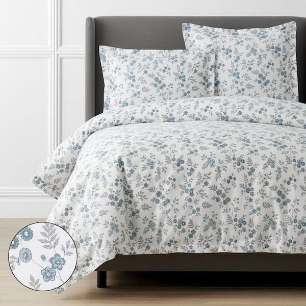 The Company Store Legends Hotel Blue/Ivory Kate Floral King Sateen Duvet Cover