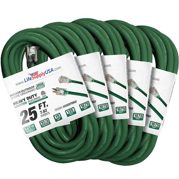 LifeSupplyUSA 25 ft. 10-Gauge/3 Conductors SJTW Indoor/Outdoor Extension Cord with Lighted End Green (5-Pack)