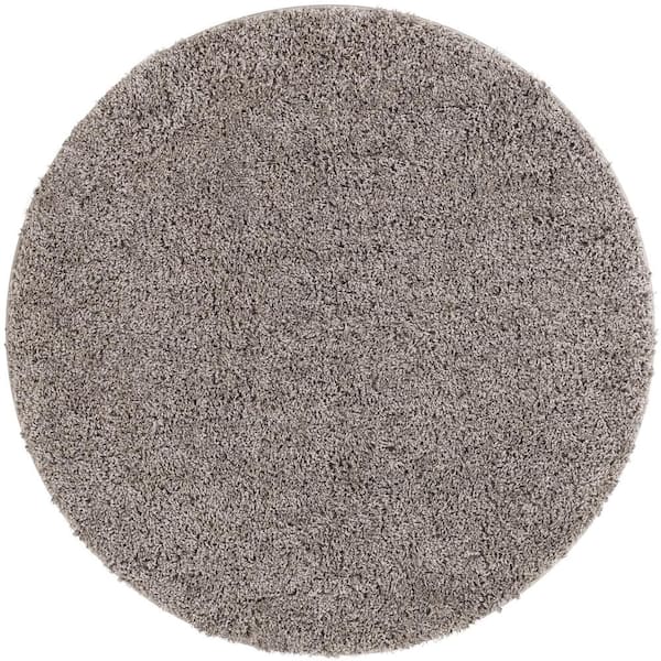 Well Woven Madison Shag Plain 3 ft. 11 in. x 3 ft. 11 in. Modern Solid Grey Round Area Rug