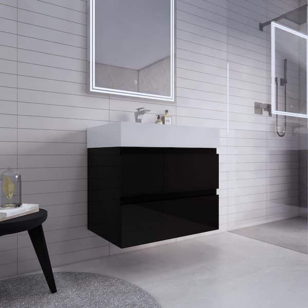 Monterey 30 in. W x 20 in. D x 26 in. H Single Sink Floating Bath Vanity in High Gloss Black with White Acrylic Top