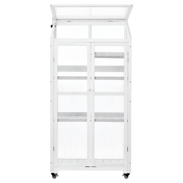 Unbranded 62 x 22.4 x 31.5 in. White Wood Large Greenhouse Portable Cold Frame w/Wheels and Adjustable Shelves for Outdoor Indoor