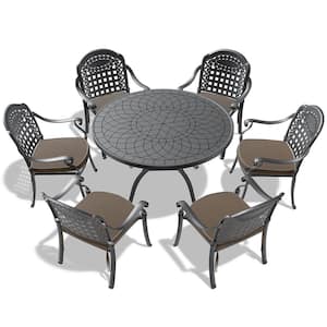 7-Piece Cast Aluminum Round Table 28.35 in. Outdoor Dining Set with Seat Cushions in Random Color