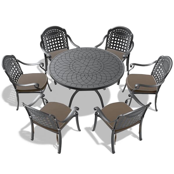 SUNRINX 7-Piece Cast Aluminum Round Table 28.35 in. Outdoor Dining Set with Seat Cushions in Random Color