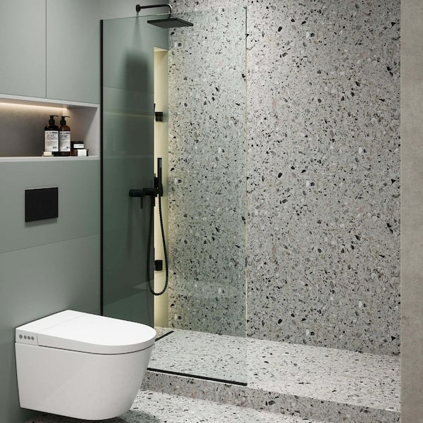 FINE FIXTURES 30 in. W x 74.25 in. H Fixed Frameless Shower Door in Black Finish with Clear Tempered Glass