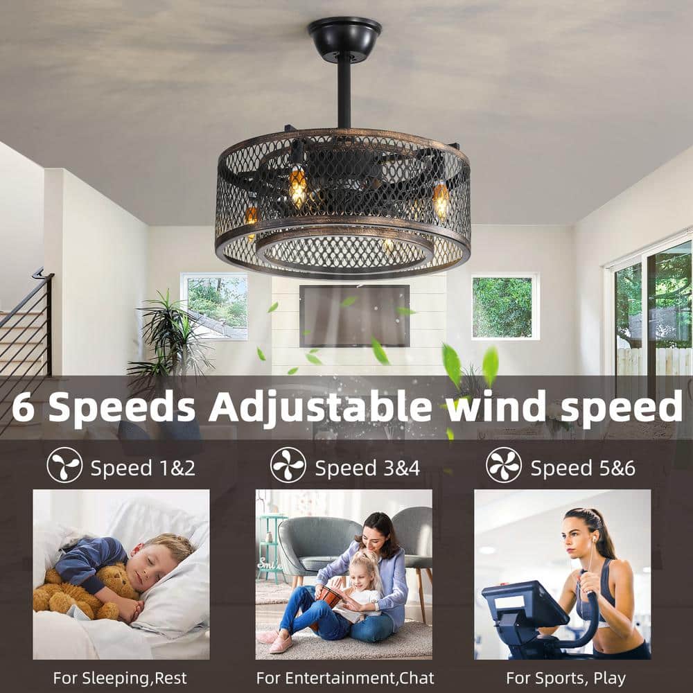20" Black Steel Caged Ceiling Fan with Warm Lighting and Remote Control