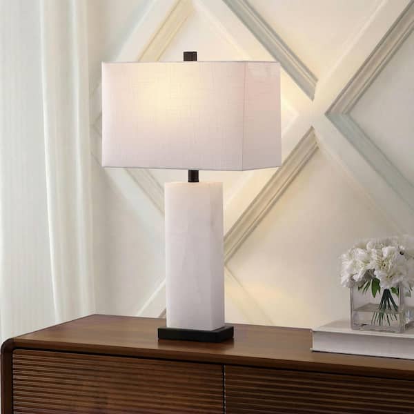 Tiggie 27 in. Contemporary Modern Alabaster Rectangular LED Table Lamp, White Alabaster/Black