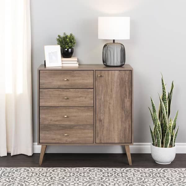 Prepac Milo Mid Century Modern 4-Drawer Drifted Gray Chest of Drawers with Door 37.75 in. H x 37.5 in. W x 16 in. D