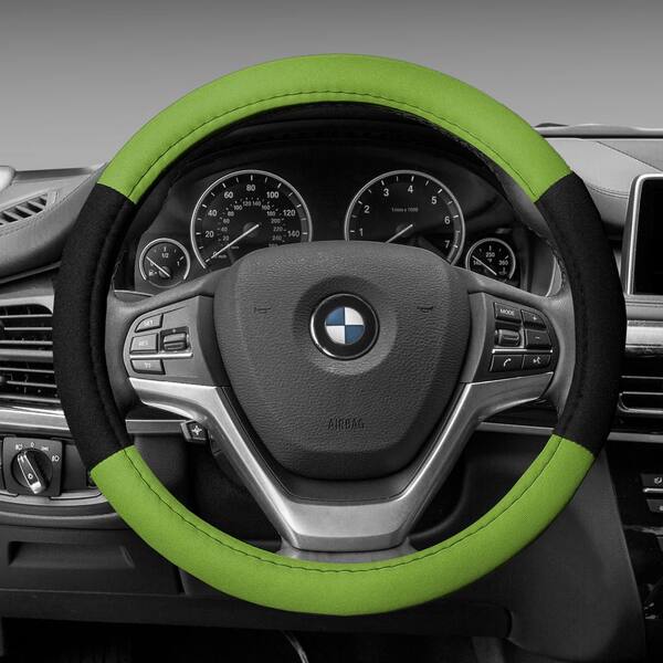 FH Group Modernistic Flat Cloth Steering Wheel Cover and 4-Seat Belt Pads, Green
