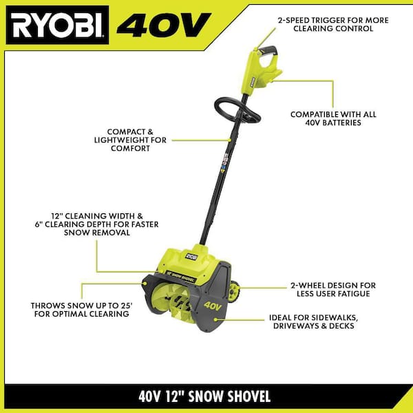 RYOBI 40V 12 in. Cordless Electric Snow Shovel Tool Only RY408013BTL The Home Depot