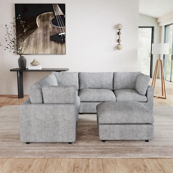 Magic Home 100 in. Square Arm 6-Piece Chenille L-Shaped Modualr Sectional Sofa with Washable Cover, Ottoman in Gray for Living Room