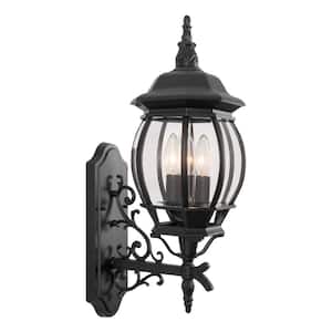Outdoor 3-Light Black Aluminum Wall Sconce with Clear Glass Shade
