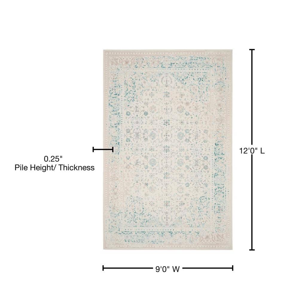 Ivory and Turquoise 9' x 12' Vintage Distressed Area Rug