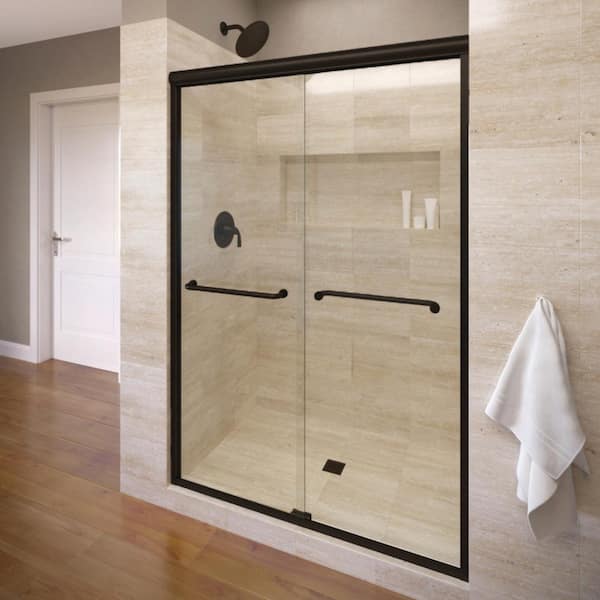 Unbranded Infinity 58.5 in. x 70 in. Semi-Frameless Sliding Clear Glass Shower Door in Wrought Iron with Towel Bar