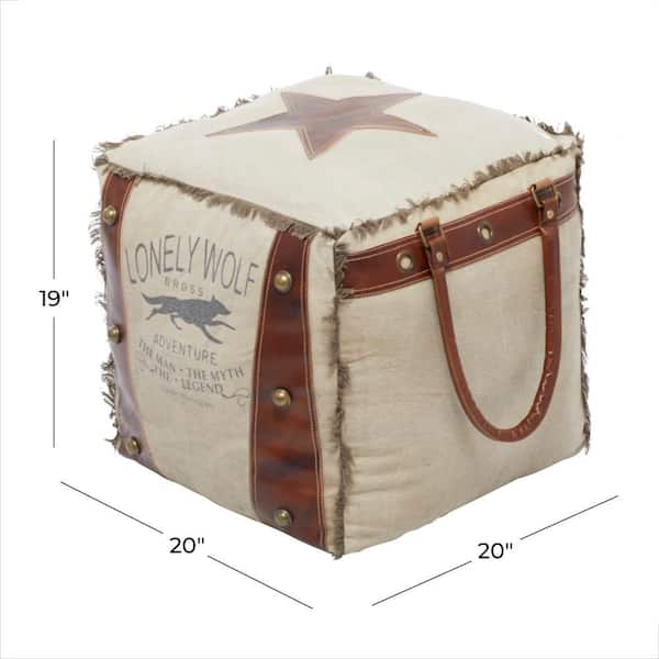 Jones 19 in. White Canvas Stool with Leather Handles Pouf