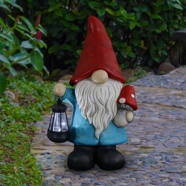 Exhart 11 in. x 19 in. Solar Lantern and Mushroom Gnome Garden Statue 19745-RS - The Home Depot