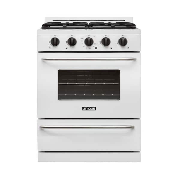 Unique 30 in. 3.9 cu. ft. Propane Off-Grid Gas Range with Battery Ignition Sealed Burners in White