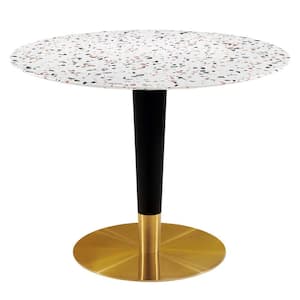 Zinque Round Terrazzo in Gold White Concrete Top material 40 in. Pedestal Base Type Dining Table 4 Seating Capacity