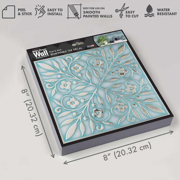 8 in x 8 in Teal and Silver Leaves Foil Peel and Stick Paper Tile Backsplash (24-Pack)