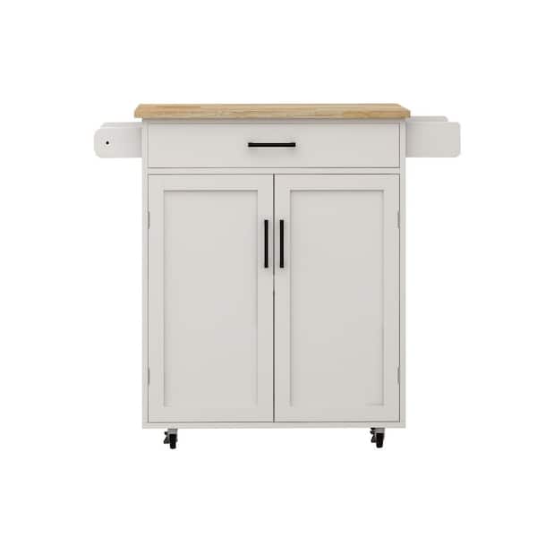 Rolling White Rubber Wood Top 28.7 in. Kitchen Island Cart with Adjustable Shelves and Towel Rack, 1 Drawer and 2 Doors