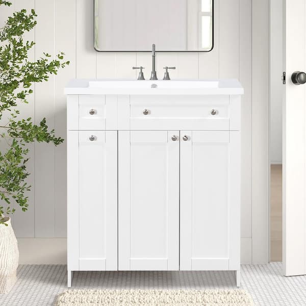ANGELES HOME 30 in. W x 18 in. D x 34.5 in. H Single Sink Bath Vanity in White with White Resin Top,Bathroom Storage Cabinet Vanities