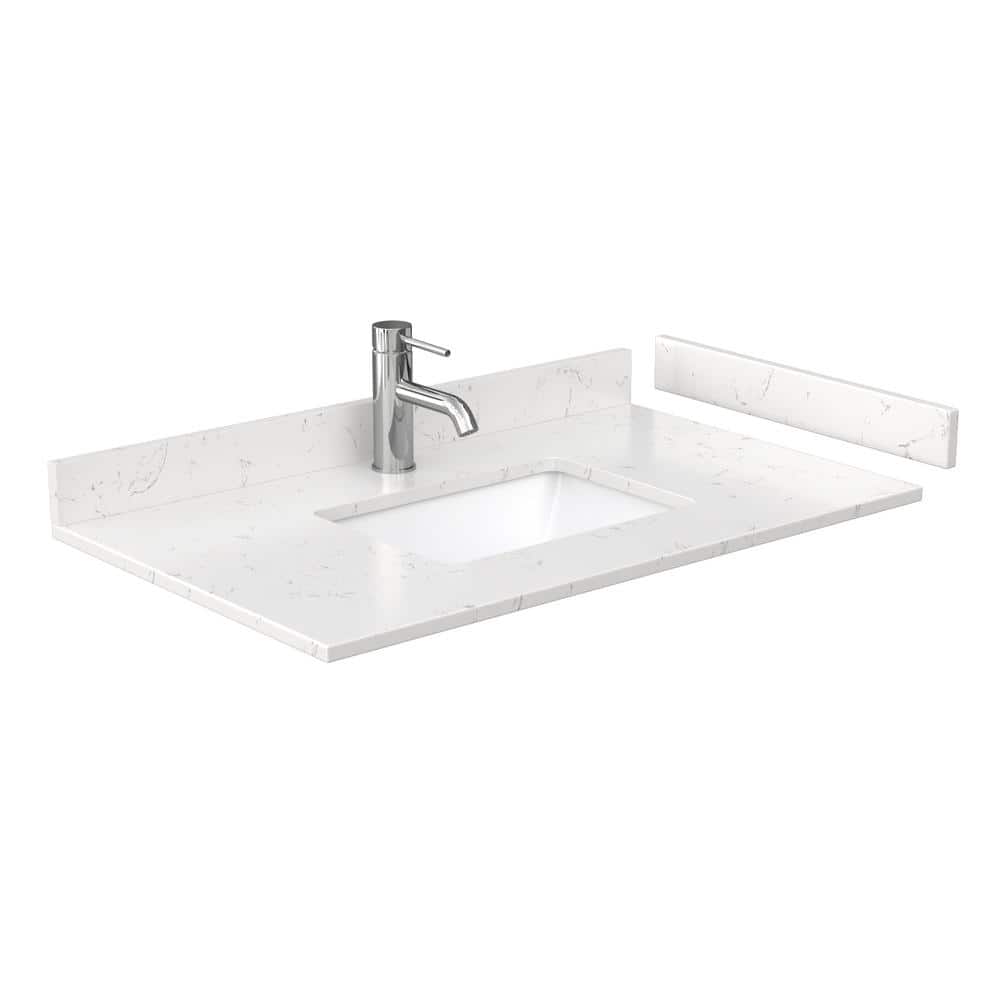 Miranda 36" White Marble and Wood Bathroom Vanity with Matte Black Trim