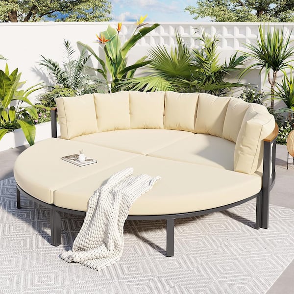 OLUMAT Black Metal Outdoor Couch with Beige Cushions