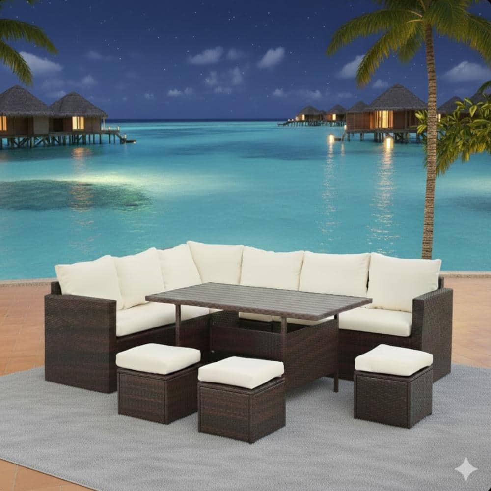7-Piece Wicker Patio Furniture Set with Beige Cushions