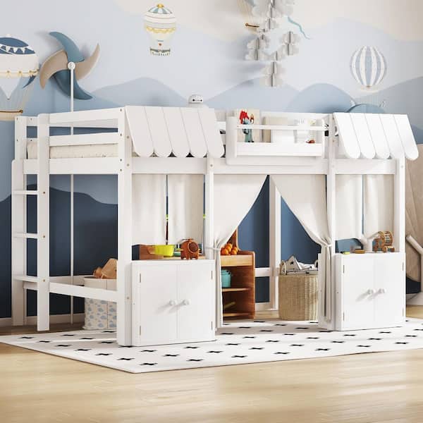 Davida White Wood Frame Full Size Loft Bed with Built-in Bookshelf, Curtain, and Storage Shelves