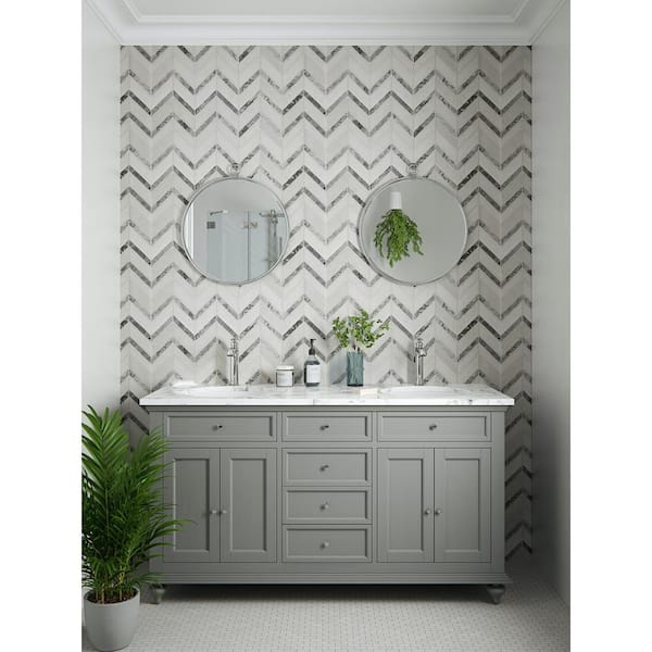 Take Home Tile Sample - Glacier Edge White and Gray 4.5 in. x 4.5 in. Chevron Honed Marble Mosaic