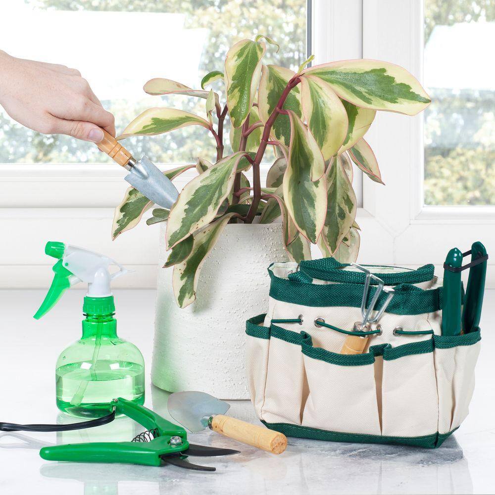 7-Piece Green and White Garden Tool Set with Tote Bag
