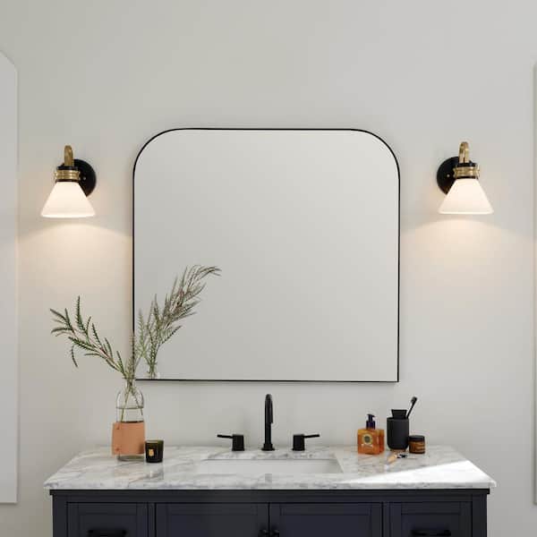 Farum 9.5 in. 1-Light Black with Champagne Bronze Bathroom Wall Sconce Light with Opal Glass Shade