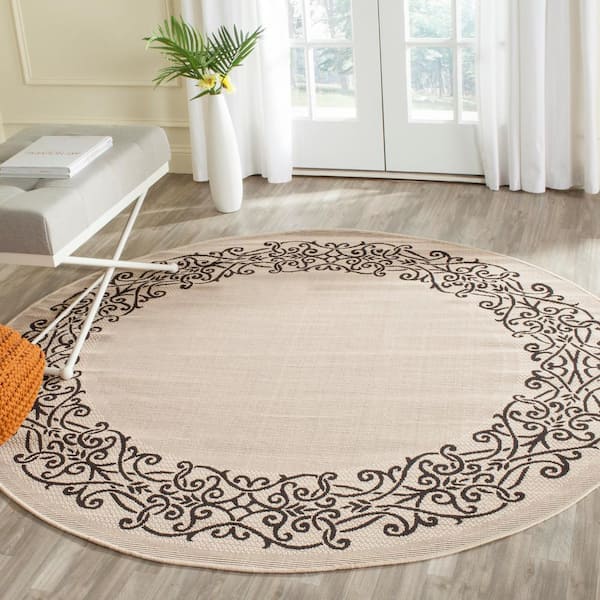 Courtyard Sand/Black 8 ft. x 8 ft. Round Border Indoor/Outdoor Patio  Area Rug