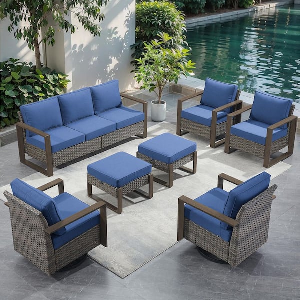 CubeEdge 7-Piece Gray Wicker Patio Conversation Set with Olefin Blue Cushions and Ottomans/ Patio Swivel Gliders