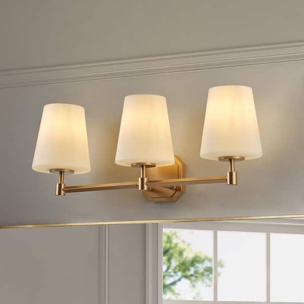 24.41 in. Modern 3-Light Gold Bathroom Vanity Light Over Mirror Wall Sconce with Frosted Glass Shades