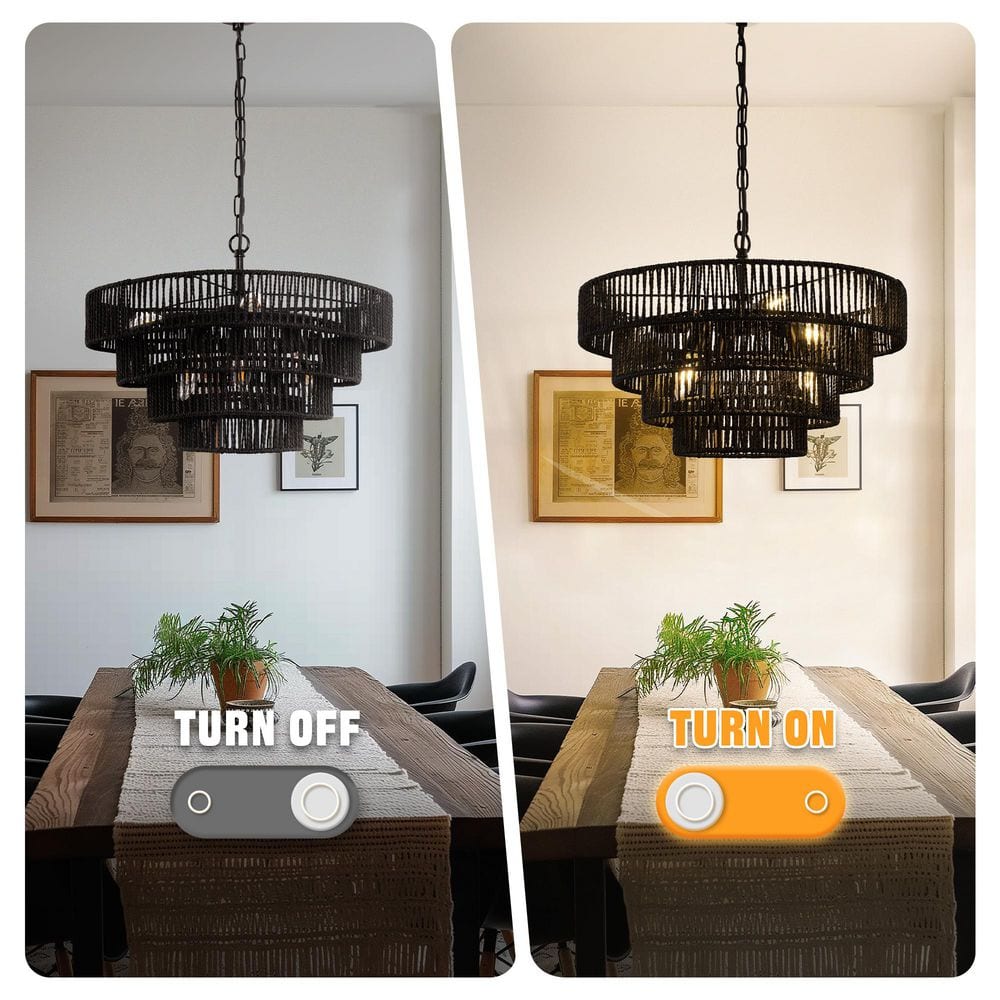 20-inch Black Rattan 6-Light Geometric Pendant Chandelier