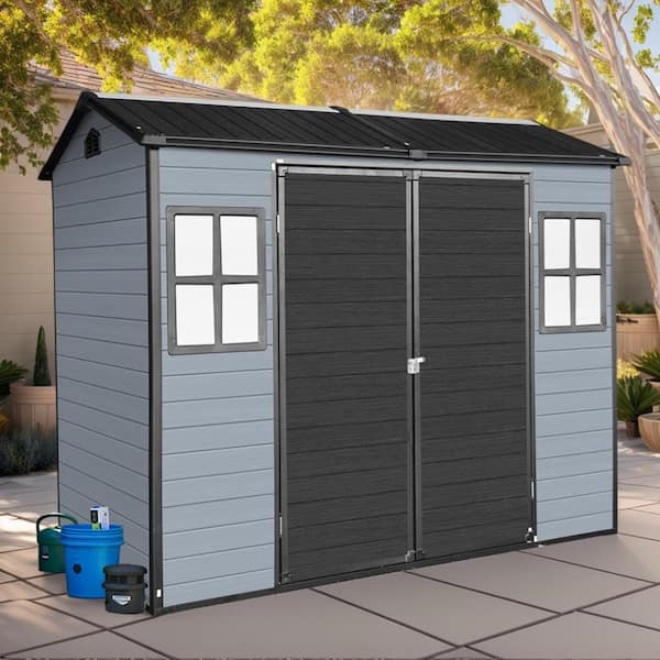 8x4 ft. Gray+Black Resin Outdoor Garden Storage Shed with Floor, 2 Windows,Lockable Door for Garden Tools