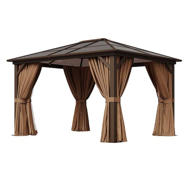 10 ft. x 12 ft. Hardtop Gazebo with Horizontal Pattern PC Roof, Curtains and Screen, Bronze Finish