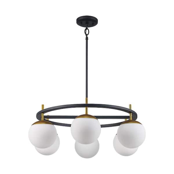24.25 in. 6-Light Black and Gold Hanging Pendant Light Fixture with Frosted Glass Globe Shades