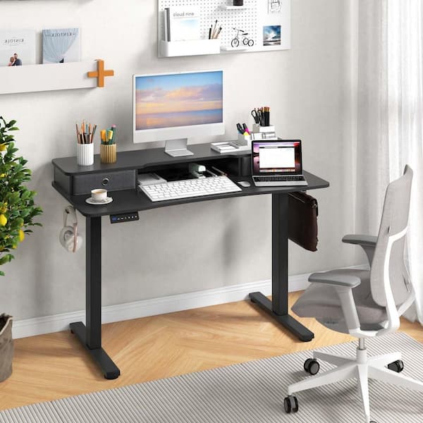 Costway 48 in. Black Wood 2-Drawer Electric Standing Desk with Monitor Stand Storage Shelf