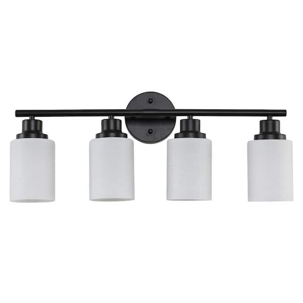 24.4 in. Modern 4-Light Bathroom Vanity Light, Frosted White Glass with Black Iron Frame (Bulb Not Included)