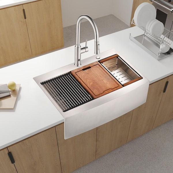 Unbranded - 16-Gauge Stainless Steel 33 in. Single Bowl Farmhouse Apron Workstation Kitchen Sink in Brushed Nickel