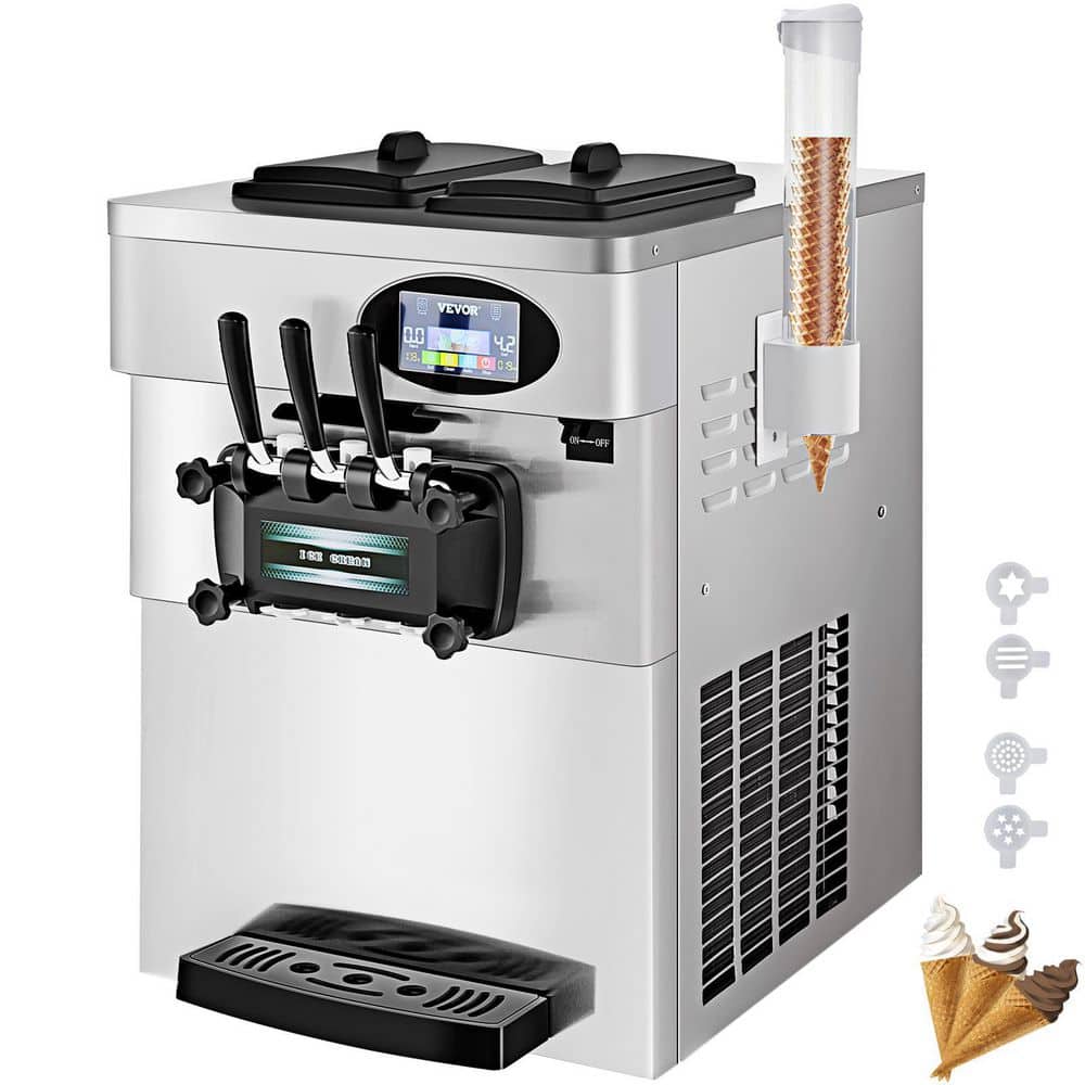 VEVOR 2200W Commercial Soft Ice Cream Machine 3 Flavors 5.3 to 7.4 Gal./H Pre-Cooling at Night Auto Clean LCD Panel, Silver