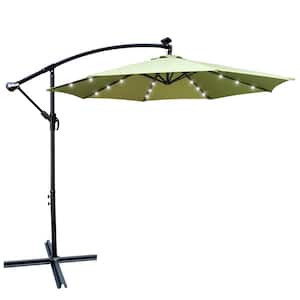 10 ft. Steel Cantilever Solar Patio Umbrella in Lime Green with 24 Solar LED Lights and Cross Base for Garden Lawn Pool