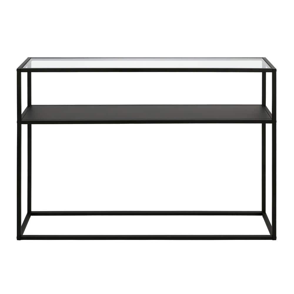 Blackened Bronze Glass Top Console Table with Metal Shelf