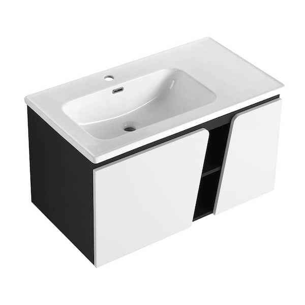 35.6 in. Wall-Mounted White+Black Bath Vanity with White Ceramic Sink Top Unassembled